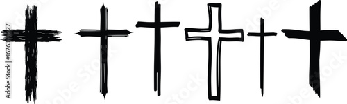 Hand drawn black Christian crosses, grunge sketch cross designs, religious symbols, Christian faith art, abstract cross illustrations, spiritual clipart