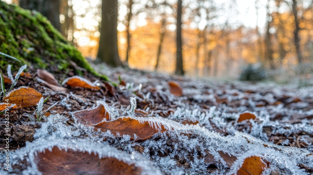 Obraz premium Frosty Leaves and Sparkling Ice on Forest Floor in Winter Light