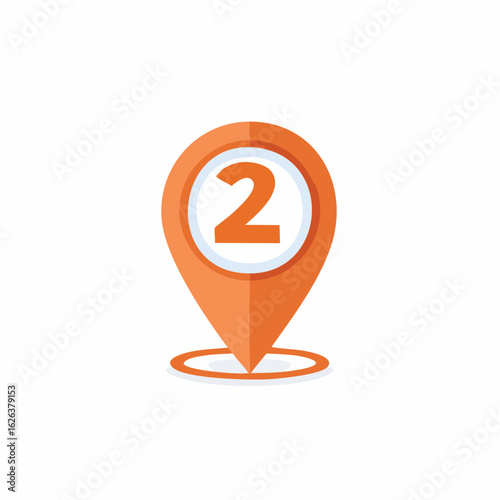 Orange location pin with number two inside a circle on a white background