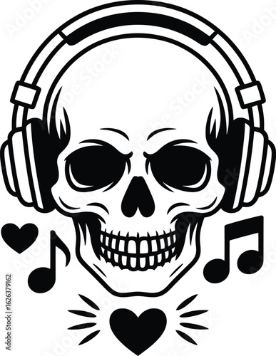 Skull wearing headphones with hearts and music notes