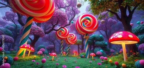 Giant lollipop trees, rainbow mushrooms, glowing fruit, whimsical candy forest,  fruit art,  fairytale