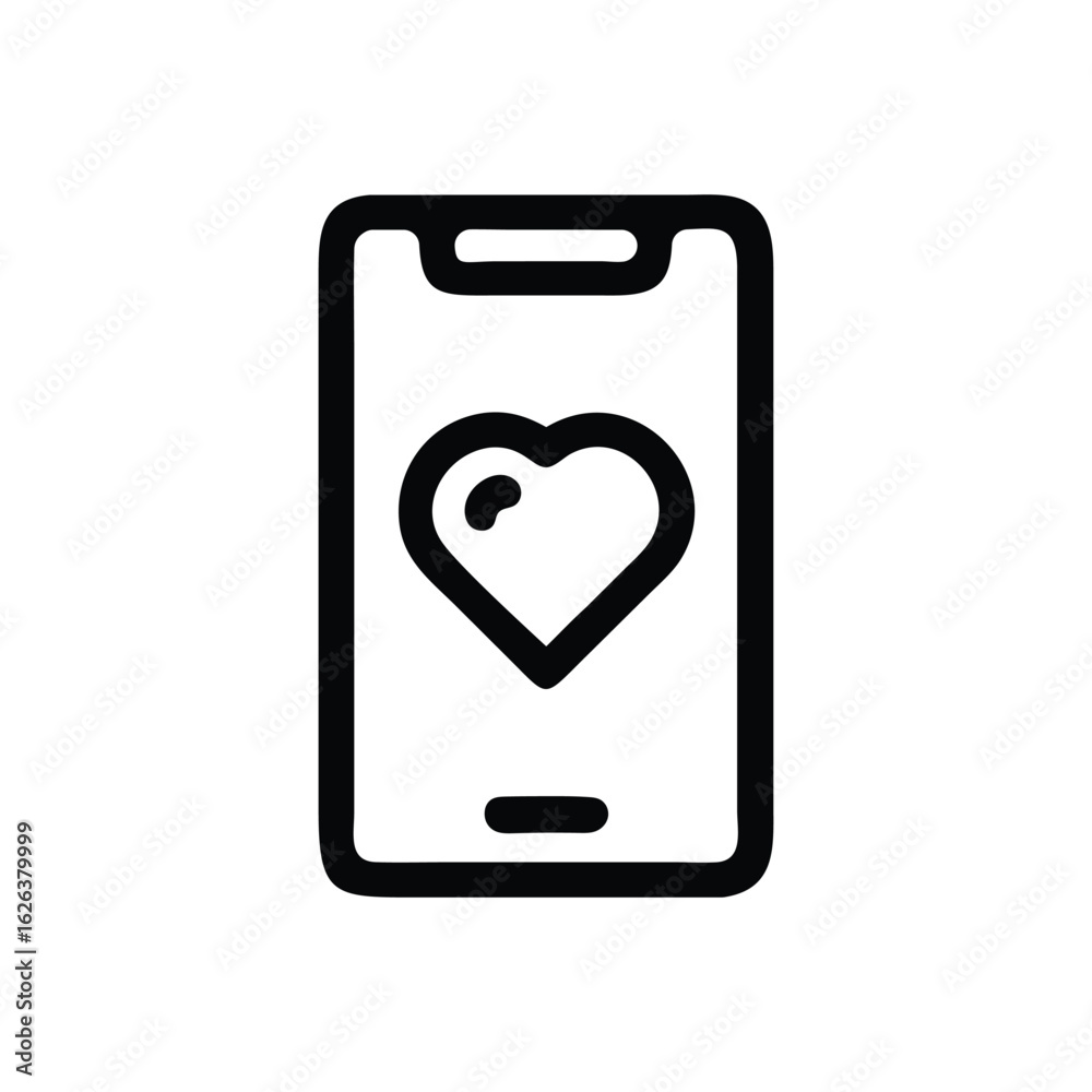 Modern smartphone displaying a simple black outline heart symbol on its screen in a clean design Modern smartphone displaying a simple black outline heart symbol on its screen in a clean design