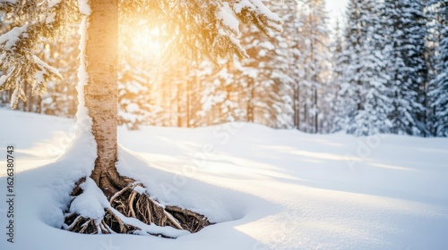 Sunlight Filtering Through Snowy Trees in Winter Landscape Scene