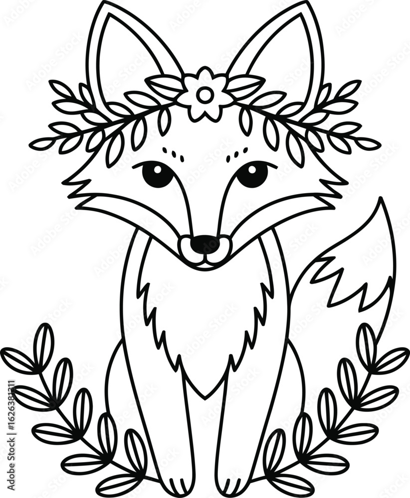 Fototapeta premium Cute fox with flower crown and leaves outline animal