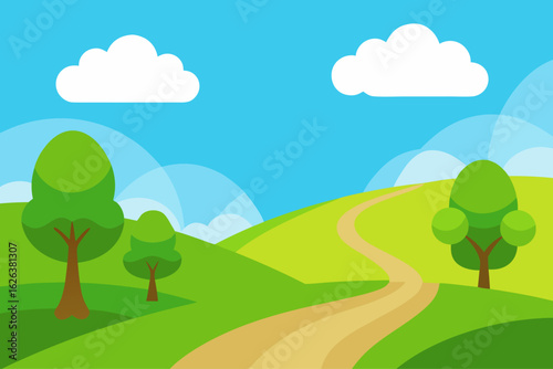 Cartoon landscape with rolling green hills and a winding dirt path