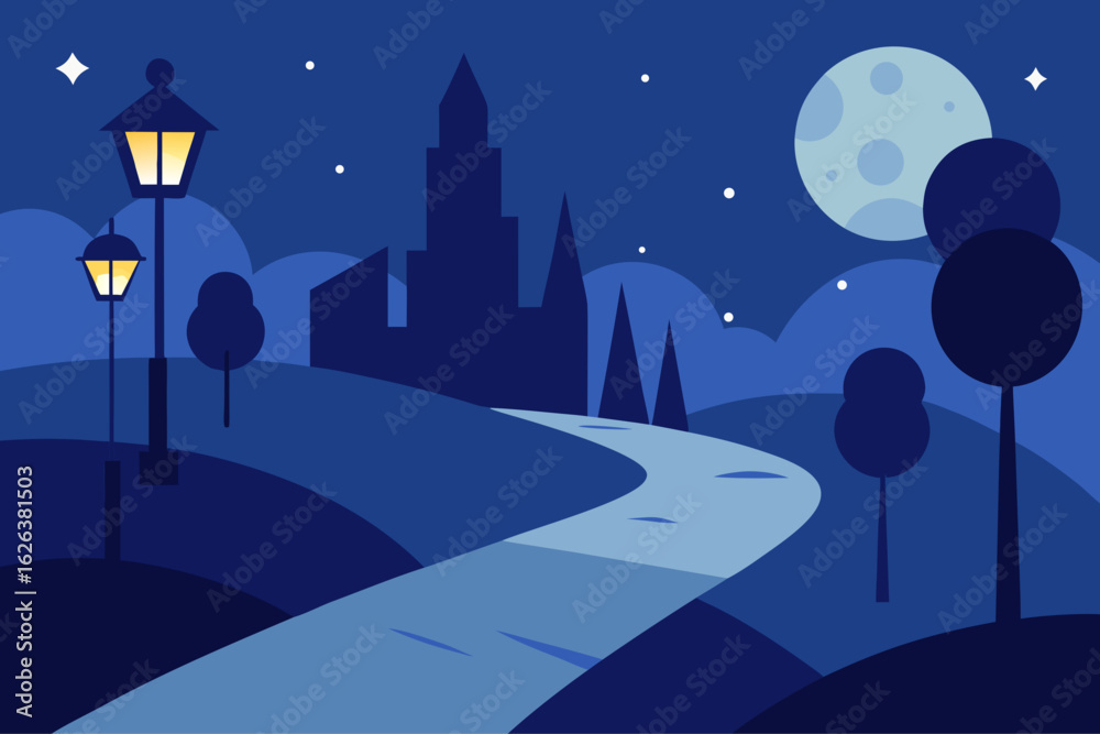 Naklejka premium Enchanting night landscape with moonlit path and city silhouette