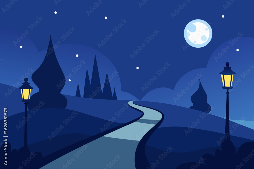 Naklejka premium Enchanting nighttime path illuminated by lampposts and moonlight