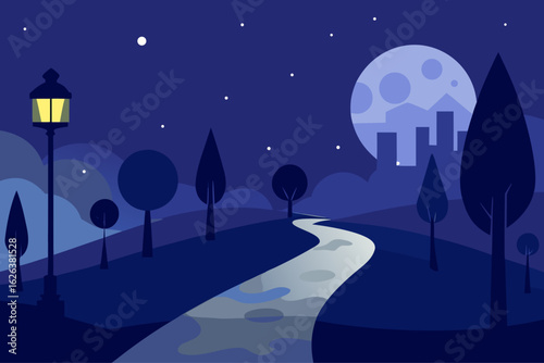 Serene night park scene with a glowing lamp and full moon