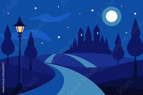 Enchanting night landscape with castle and lamp post