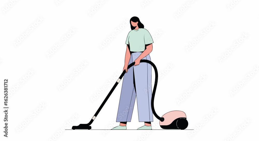 Fototapeta premium Woman cleaning floor with vacuum cleaner. Person uses modern vacuum cleaner for home cleaning. Simple illustration for home cleaning blog or advertisement.
