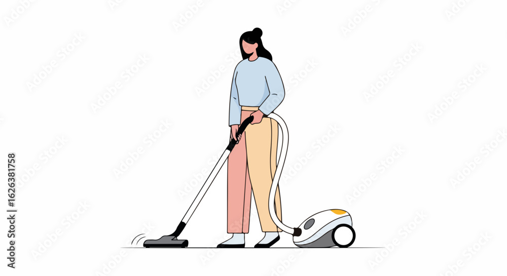 Fototapeta premium Young woman vacuuming floor in modern apartment. Person uses vacuum cleaner for home cleaning. Indoor activity, sustainable lifestyle choice, and domestic cleaning concept for blog or advertisement.