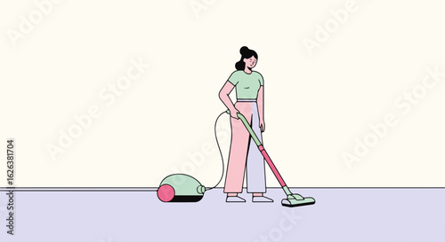 Woman using vacuum cleaner for home cleaning. Simple cleaning illustration shows person vacuuming floor. Clean home concept for housekeeping blog or cleaning service advertisement.