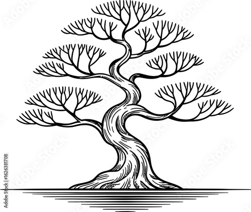 Stylized tree with winding trunk and bare branches