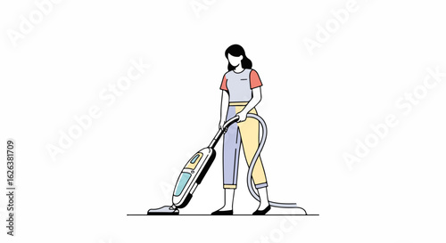Woman vacuuming floor with modern cordless vacuum cleaner. Person cleaning home using lightweight appliance. Illustration of efficient cleaning for home, apartment, or office space.