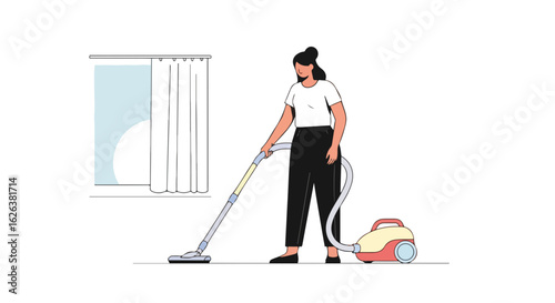 Woman vacuuming floor in living room near window with curtain. Person cleaning home using vacuum cleaner.  Illustration of home cleaning for housekeeping service advertisement.