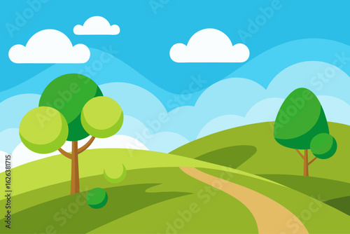 Cartoon landscape with rolling hills trees and clouds