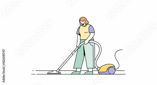 Young woman vacuuming floor in apartment. Person cleaning home using vacuum cleaner. Domestic activity for home maintenance. Simple illustration for housekeeping concept.