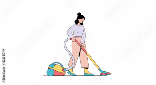 Young woman vacuuming floor in modern apartment.  Home cleaning includes using vacuum cleaner for spotless floor. Domestic activity for maintaining clean home environment.
