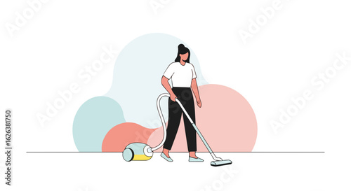 Young woman using vacuum cleaner for home cleaning.  Person cleaning apartment floor with modern vacuum cleaner.  Indoor home cleaning activity for maintaining healthy home environment.
