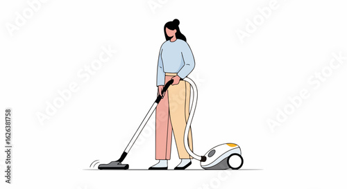 Young woman vacuuming floor in modern apartment. Person uses vacuum cleaner for home cleaning.  Indoor activity, sustainable lifestyle choice, and domestic cleaning concept for blog or advertisement.