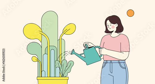 Girl watering plant, a mindful domestic task for relaxation and well being. Girl watering plant to nurture growth in her personal space, engaging with nature and promoting calm.