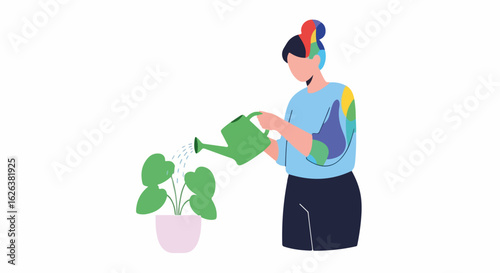 Person watering plant with a green watering can on a light background, showing indoor gardening. Person watering plant in a casual style conveys relaxation and care.