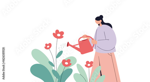 Woman watering flowers with red watering can, enjoying her garden. Watering flowers is a satisfying hobby, growing plants and garden blooms with loving care.