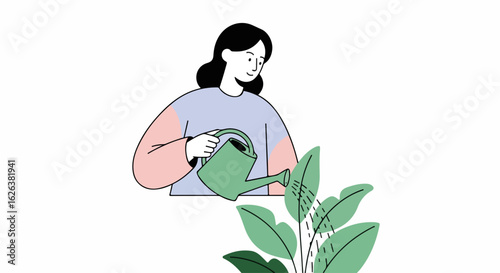 Illustration of woman watering plant, a simple illustration of a woman holding watering can and taking care of houseplants. Illustration shows her nurturing plants,