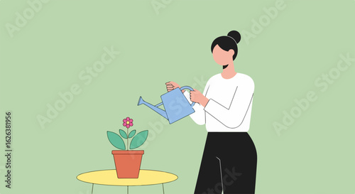 Woman watering plant in flowerpot on yellow table, indoors for home gardening. Home gardening includes careful attention and regular watering, which helps plants grow strong and healthy.