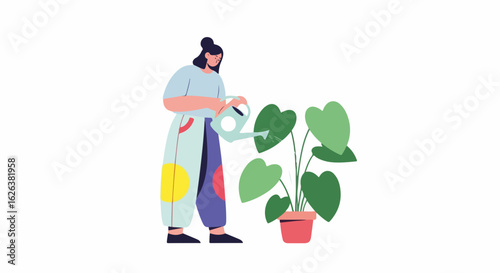 Girl watering plant at home enjoying her green space, taking care of plants in her leisure time. Watering plant shows person nurturing nature and promoting green lifestyle.
