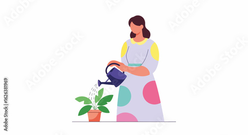 Woman watering plant on white background, showing love and care for greenery in indoor environment. Watering plant helps create a healthier home garden.