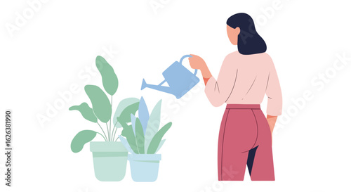 Woman watering plants at home, depicting plant care with indoor greenery and love. Plant care shows domestic life in house for botanical interest. Consider plant care for sustainable lifestyle.