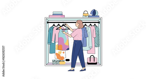 Closet organization with woman arranging her wardrobe and apparel. Closet organization setup shows clothes neatly hung in color order, and accessories placed on top.