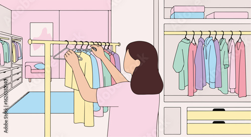 Woman organizing clothes on rack inside room. Woman organizing clothes by color and style, choosing outfit for wardrobe, inside bedroom. Woman organizing clothes at home for clean and tidy look.