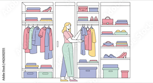 Woman in wardrobe chooses clothes. Woman in wardrobe makes decisions on garments to wear for special events or everyday style.