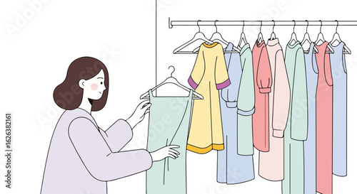 Choosing an outfit from wardrobe, selecting clothing is a common activity at home. Selecting clothing and deciding what to wear involves considering various factors, wardrobe offers multiple options.