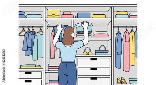 Woman organizes closet with neatly arranged clothes, hanging shirts, and folded items. Organizing closet requires storage solutions, including shelves and drawers for efficient keeping of apparel.
