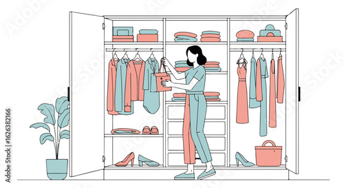 Woman selects clothing from wardrobe, neatly organized with folded apparel and hangers. Wardrobe provides ample storage, combining utility and design, while clothing choices reflect style.