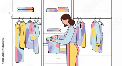 Woman organizing wardrobe, woman arranging clothes neatly on shelves inside closet. Stylish woman organizing wardrobe, maintaining tidy arrangement and showcasing minimalist storage.