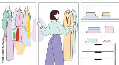 Woman choosing clothes from her closet with organized storage. Wardrobe selection includes dresses hanging in open closet and folded items on shelves.