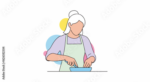 Woman cooking a meal in kitchen, preparing food with knife, cutting ingredients in bowl. Preparing food becomes a daily activity, an essential task in kitchen.