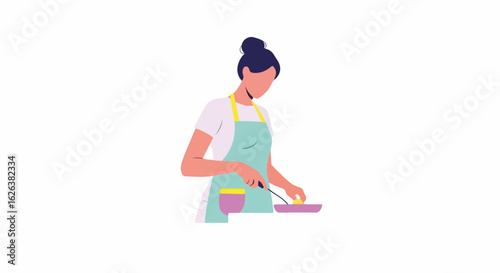 Woman cooking food in a pan at home is shown in this cooking illustration. Cooking illustration includes frying something in pan, wearing apron, and culinary skills.