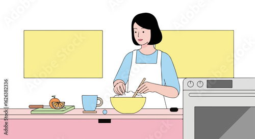 Woman cooking in kitchen with ingredients on counter, making sweet pastries. Woman cooking and preparing ingredients for baking sweet pastries.