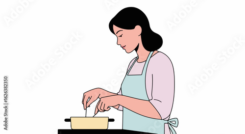 A woman cooking food prepares meal in kitchen with focus. Woman cooking food involves stirring ingredients in a pot with a utensil, showcasing her culinary skills in action.