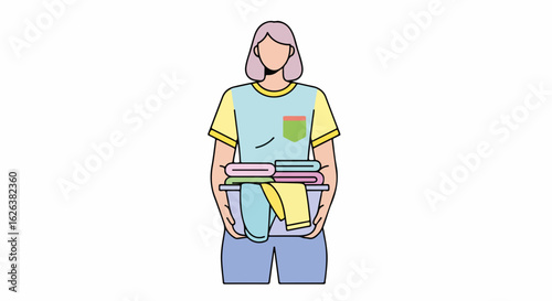 Woman holding laundry basket filled with clean clothing, she is ready to do the laundry and put things in order. This laundry basket scene highlights domestic chores and organization.