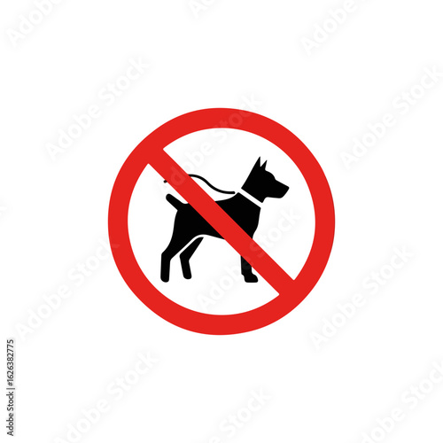 No dogs allowed sign, prohibiting canine pets in public spaces. Simple no dogs allowed sign design in red circle with black dog silhouette. This graphic design is perfect for park, beach,