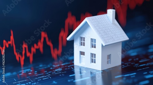 Small White House Model on Digital Screen with Stock Market Graph Showcasing Real Estate Investment Trends and Housing Market Data Analysis