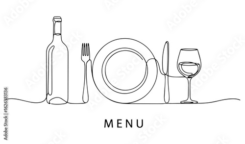 Minimalist Dining Set Illustration – Plate, Cutlery, Wine Glass and Bottle