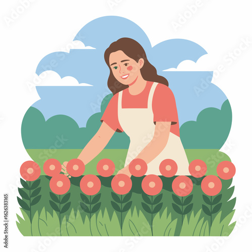Happy Woman Gardening and Tending to Red Flowers