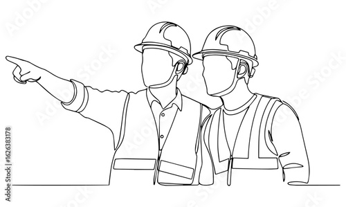 Construction Workers Planning on Site – Safety and Teamwork Illustration